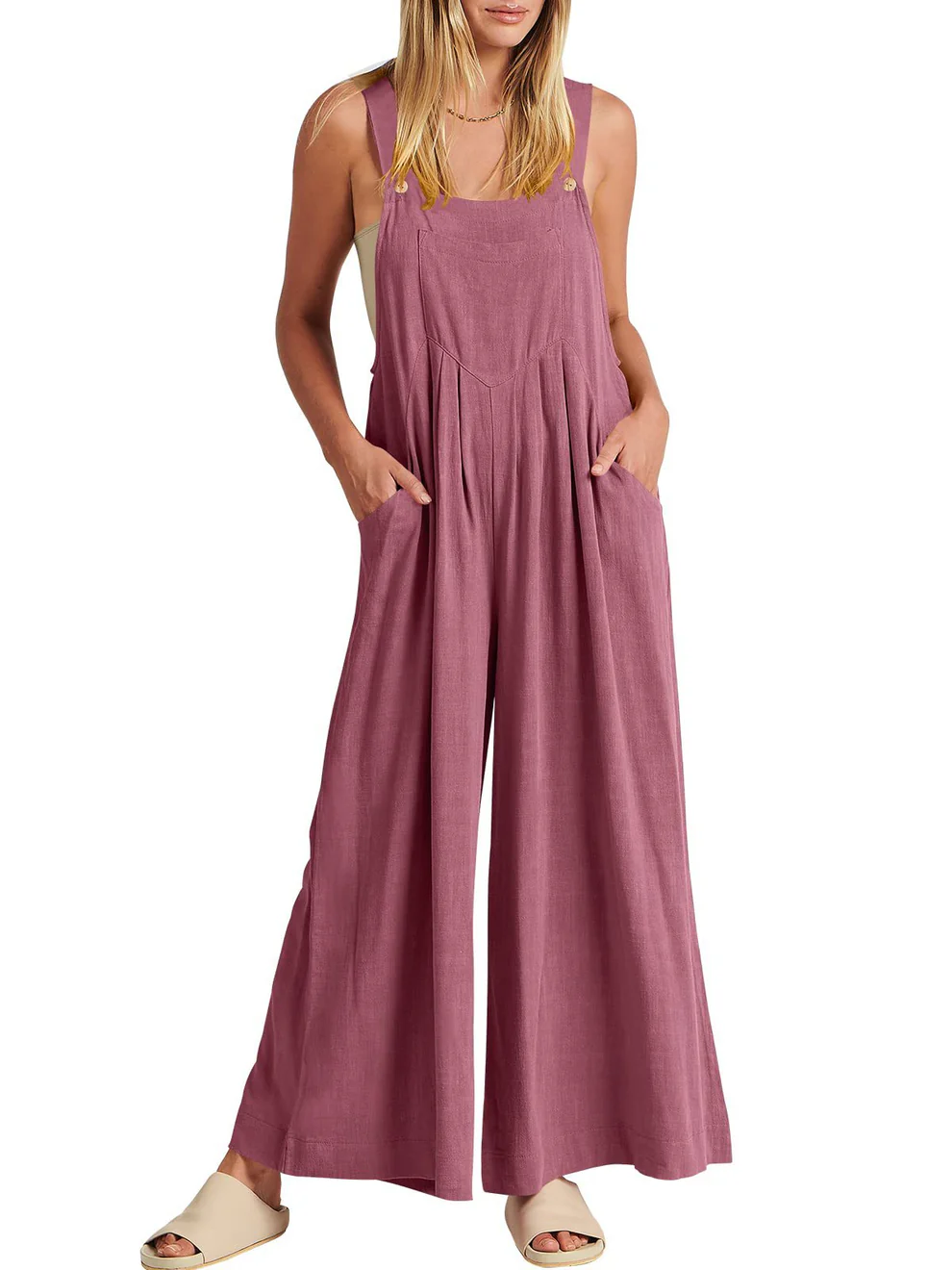 Comfortable Solid Button-Strap Relaxed Jumpsuit - Eliza-Warszawa