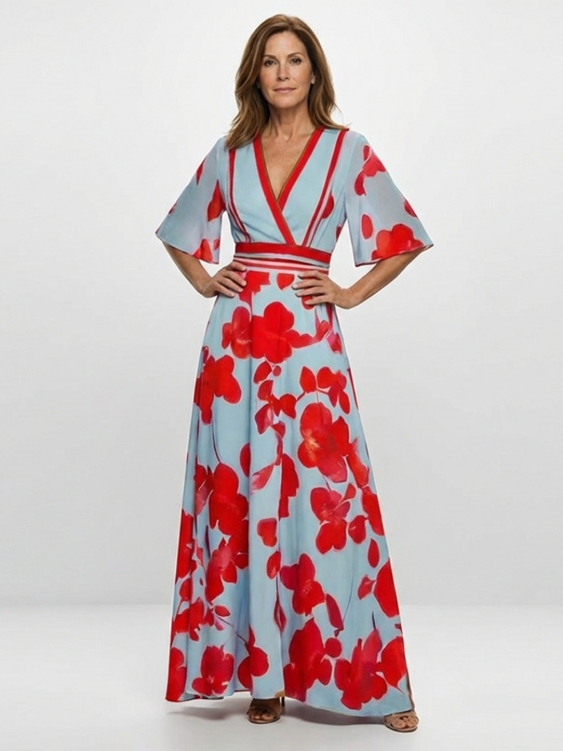 Corinne | Floral Maxi Dress with Short V-Neck Sleeves - Eliza-Warszawa