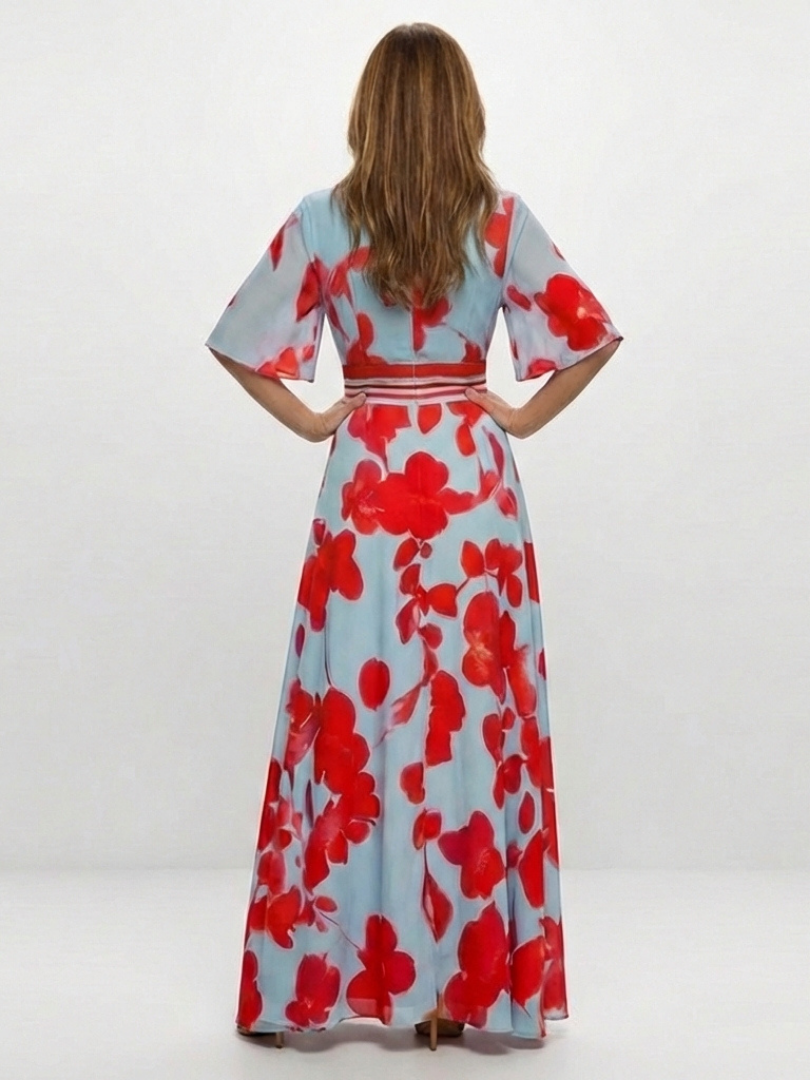 Corinne | Floral Maxi Dress with Short V-Neck Sleeves - Eliza-Warszawa