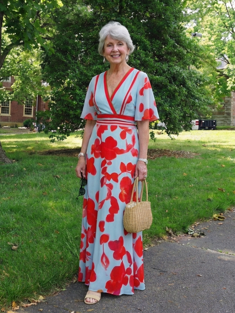Corinne | Floral Maxi Dress with Short V-Neck Sleeves - Eliza-Warszawa