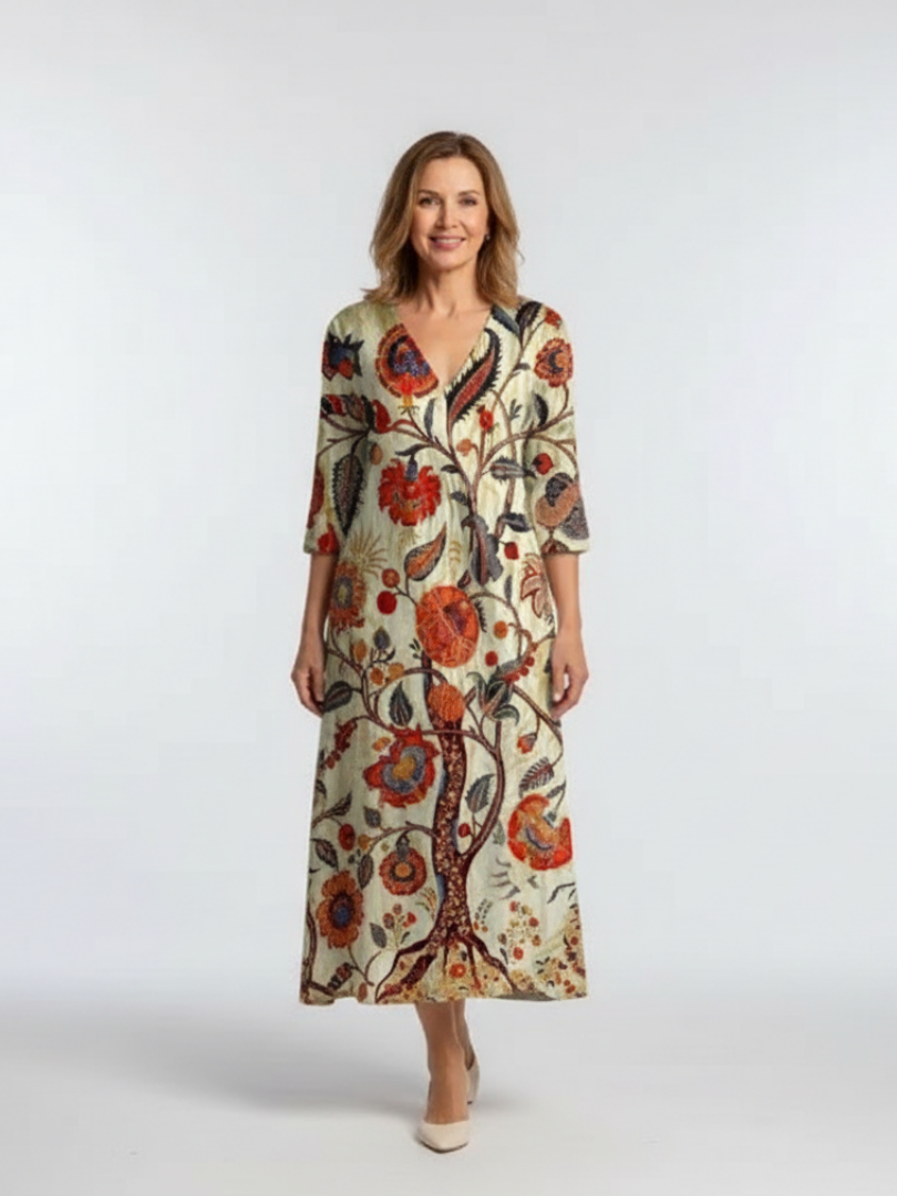 Corisande | Floral Midi Dress with Long V-Neck Sleeves - Eliza-Warszawa