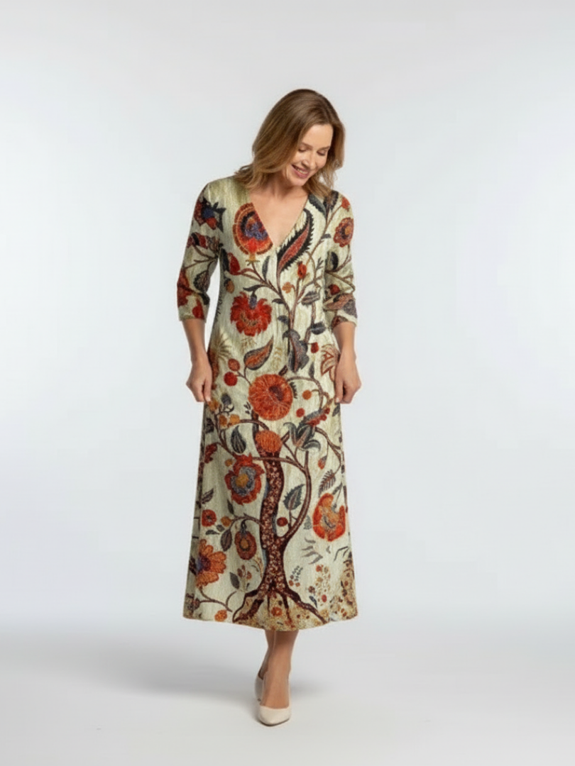 Corisande | Floral Midi Dress with Long V-Neck Sleeves - Eliza-Warszawa