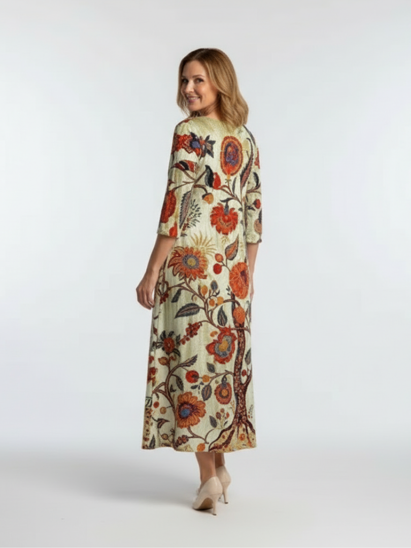 Corisande | Floral Midi Dress with Long V-Neck Sleeves - Eliza-Warszawa