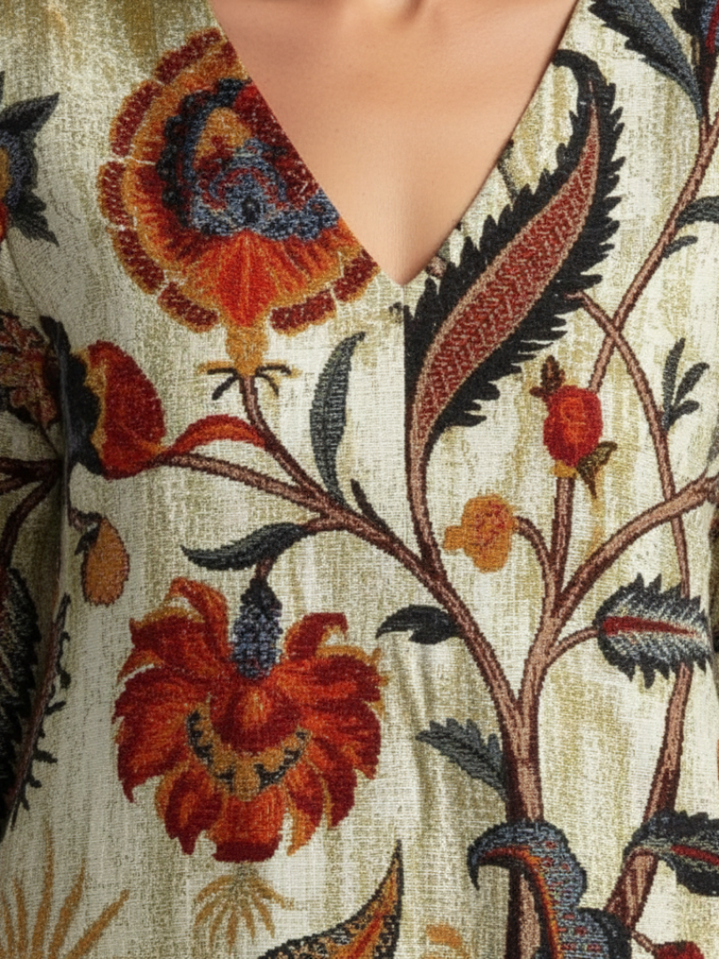 Corisande | Floral Midi Dress with Long V-Neck Sleeves - Eliza-Warszawa
