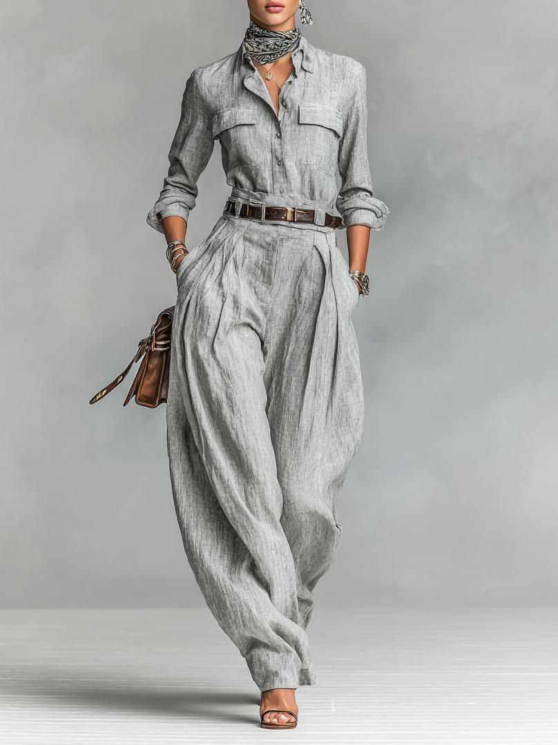 Cotton-linen Blend Long-sleeved Shirt And Trousers Two-piece Set (belt Not Included) - Eliza-Warszawa