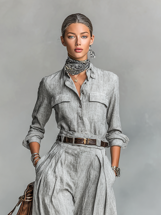 Cotton-linen Blend Long-sleeved Shirt And Trousers Two-piece Set (belt Not Included) - Eliza-Warszawa