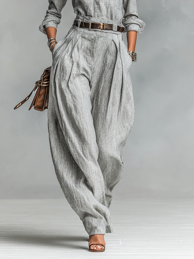 Cotton-linen Blend Long-sleeved Shirt And Trousers Two-piece Set (belt Not Included) - Eliza-Warszawa