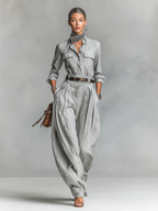Cotton-linen Blend Long-sleeved Shirt And Trousers Two-piece Set (belt Not Included) - Eliza-Warszawa