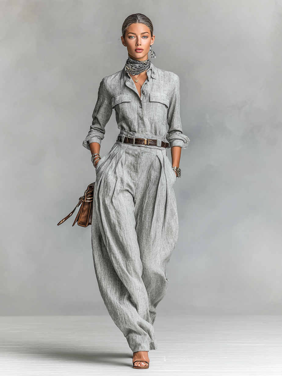 Cotton-linen Blend Long-sleeved Shirt And Trousers Two-piece Set (belt Not Included) - Eliza-Warszawa