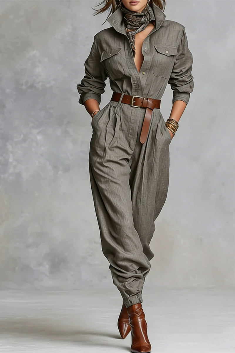 Cotton And Linen Blended Long Sleeve Shirt Jumpsuit - Eliza-Warszawa