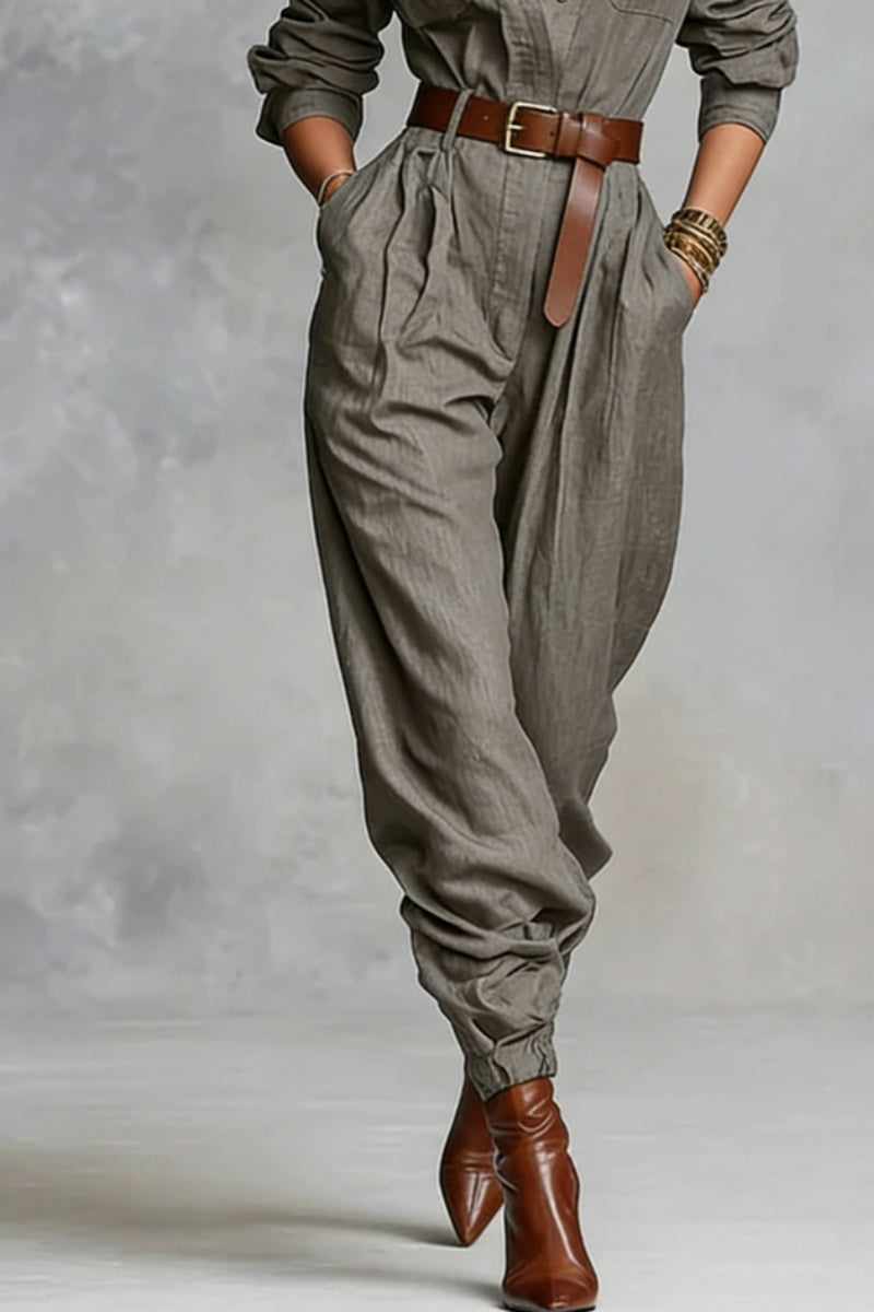 Cotton And Linen Blended Long Sleeve Shirt Jumpsuit - Eliza-Warszawa