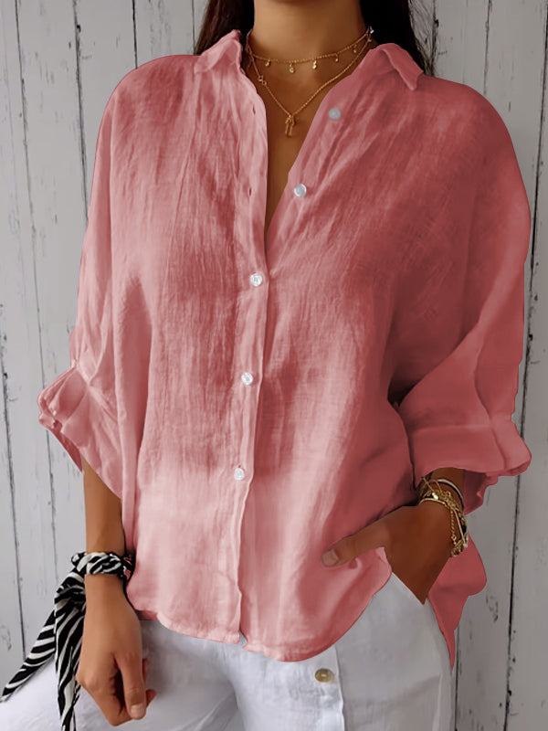 Cotton and Linen Solid Color Casual Shirt - Eliza-Warszawa