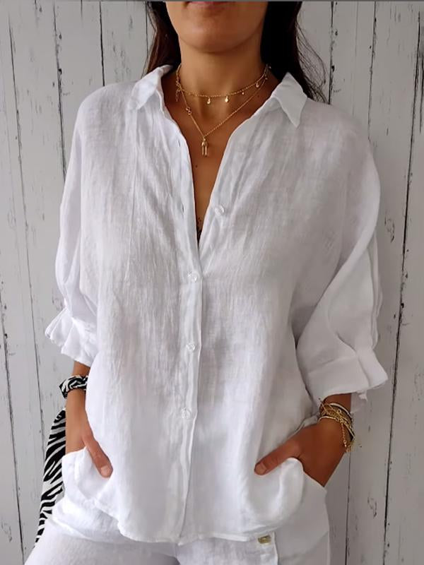 Cotton and Linen Solid Color Casual Shirt - Eliza-Warszawa