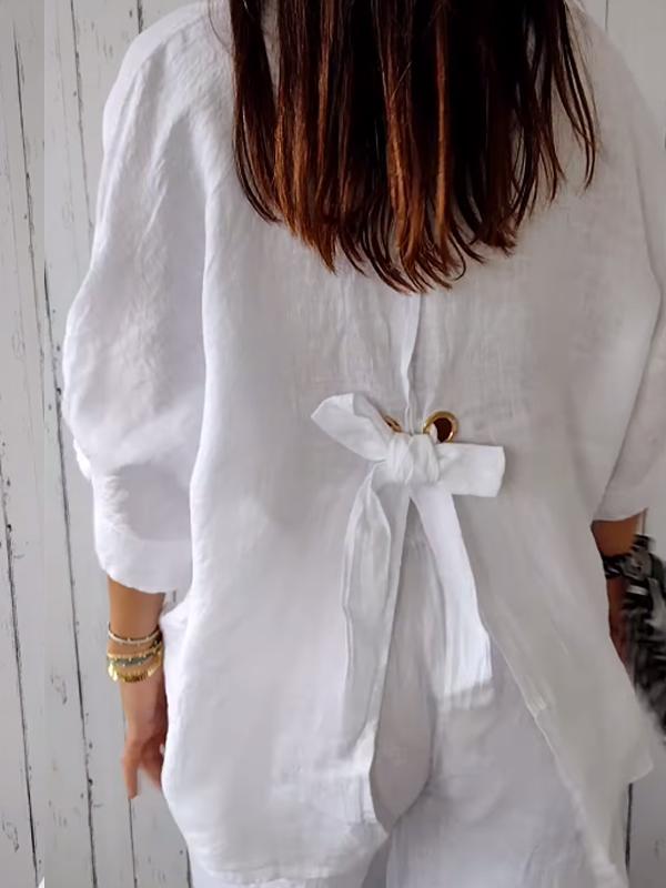 Cotton and Linen Solid Color Casual Shirt - Eliza-Warszawa