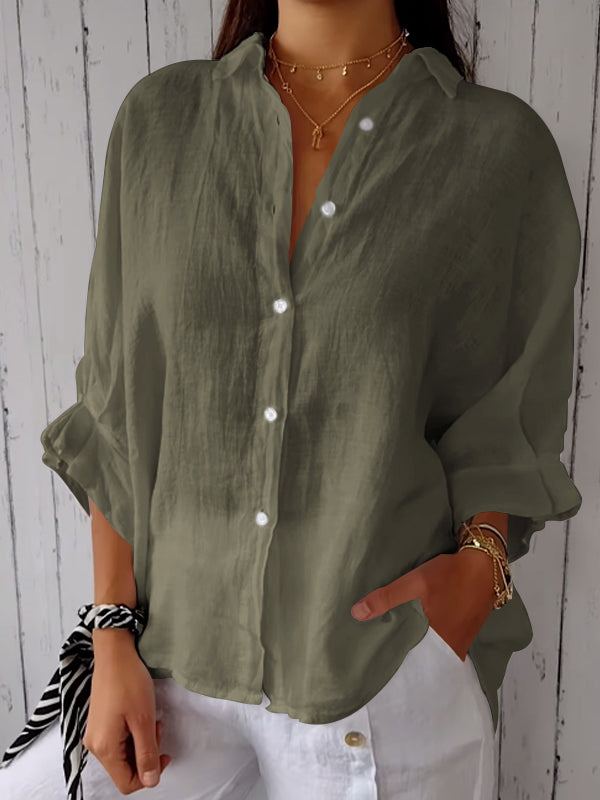 Cotton and Linen Solid Color Casual Shirt - Eliza-Warszawa