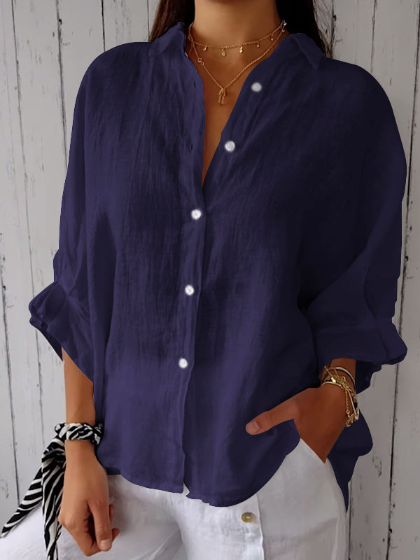 Cotton and Linen Solid Color Casual Shirt - Eliza-Warszawa