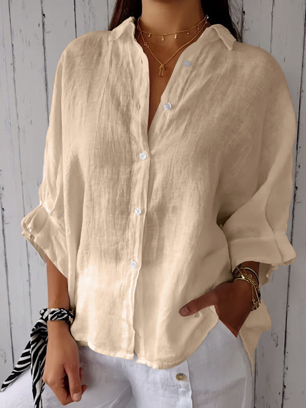 Cotton and Linen Solid Color Casual Shirt - Eliza-Warszawa