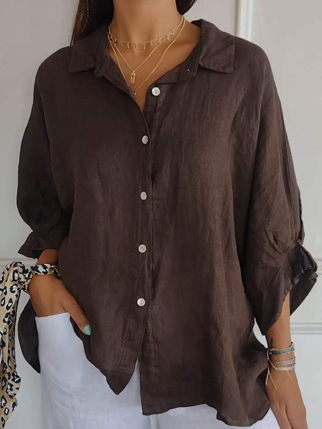 Cotton and Linen Solid Color Casual Shirt - Eliza-Warszawa