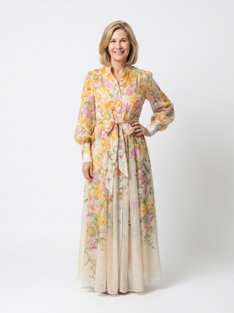 Cressida | Long-sleeved maxi dress in lightweight floral fabric - Eliza-Warszawa