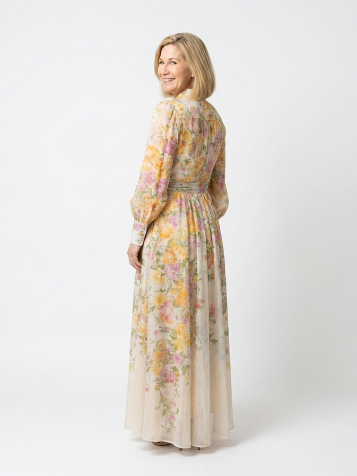 Cressida | Long-sleeved maxi dress in lightweight floral fabric - Eliza-Warszawa