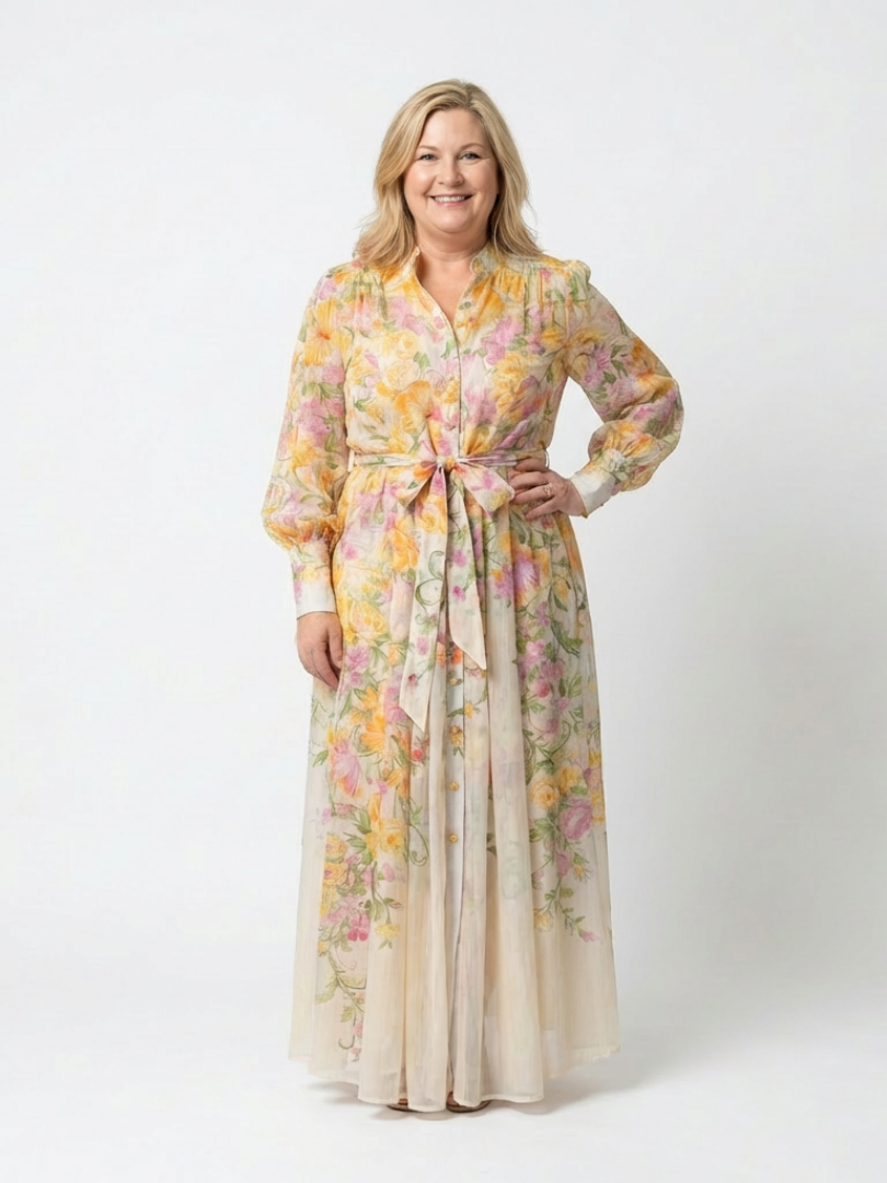 Cressida | Long-sleeved maxi dress in lightweight floral fabric - Eliza-Warszawa