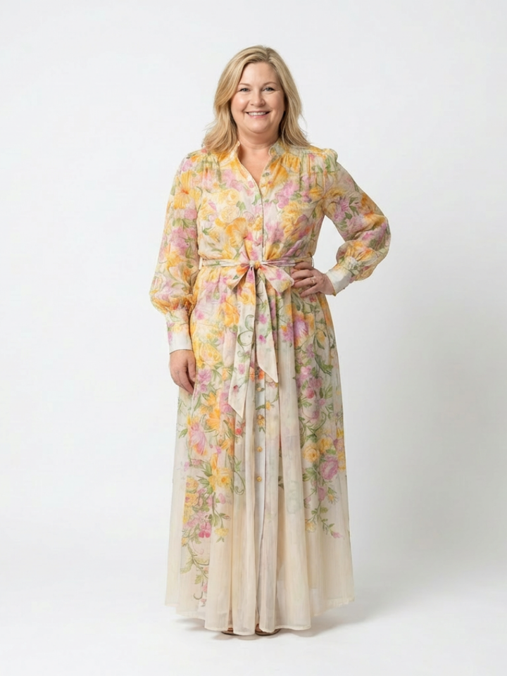 Cressida | Long-sleeved maxi dress in lightweight floral fabric - Eliza-Warszawa