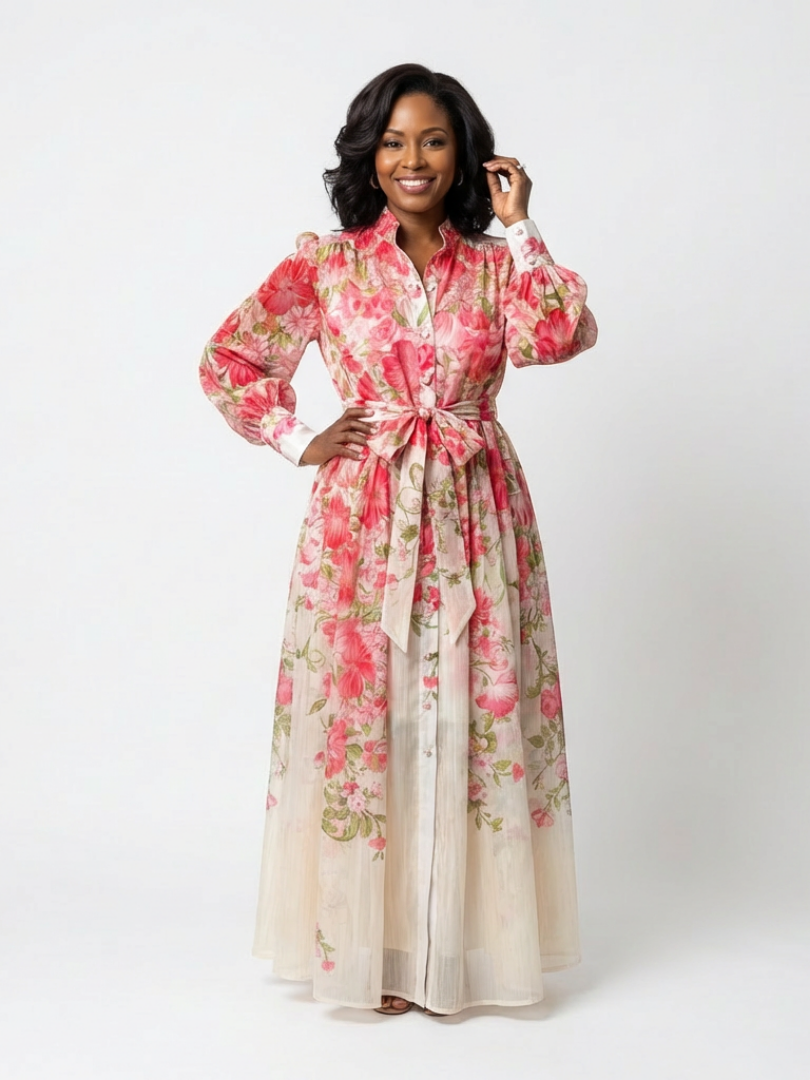 Cressida | Long-sleeved maxi dress in lightweight floral fabric - Eliza-Warszawa
