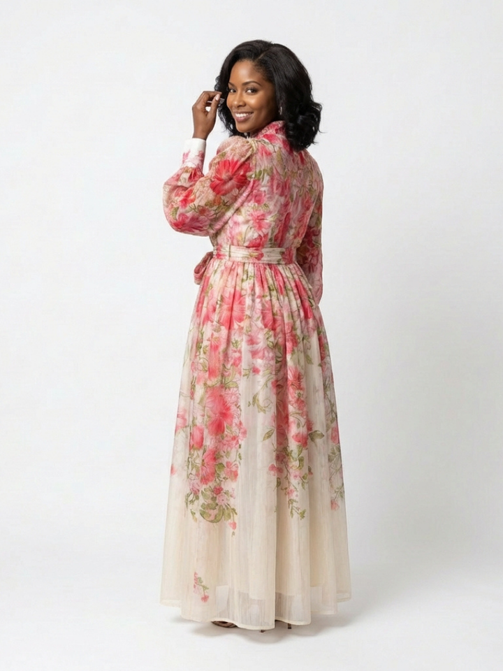 Cressida | Long-sleeved maxi dress in lightweight floral fabric - Eliza-Warszawa