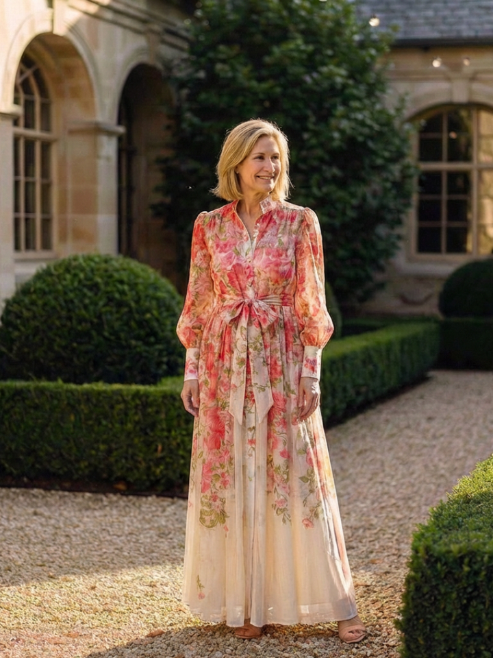 Cressida | Long-sleeved maxi dress in lightweight floral fabric - Eliza-Warszawa