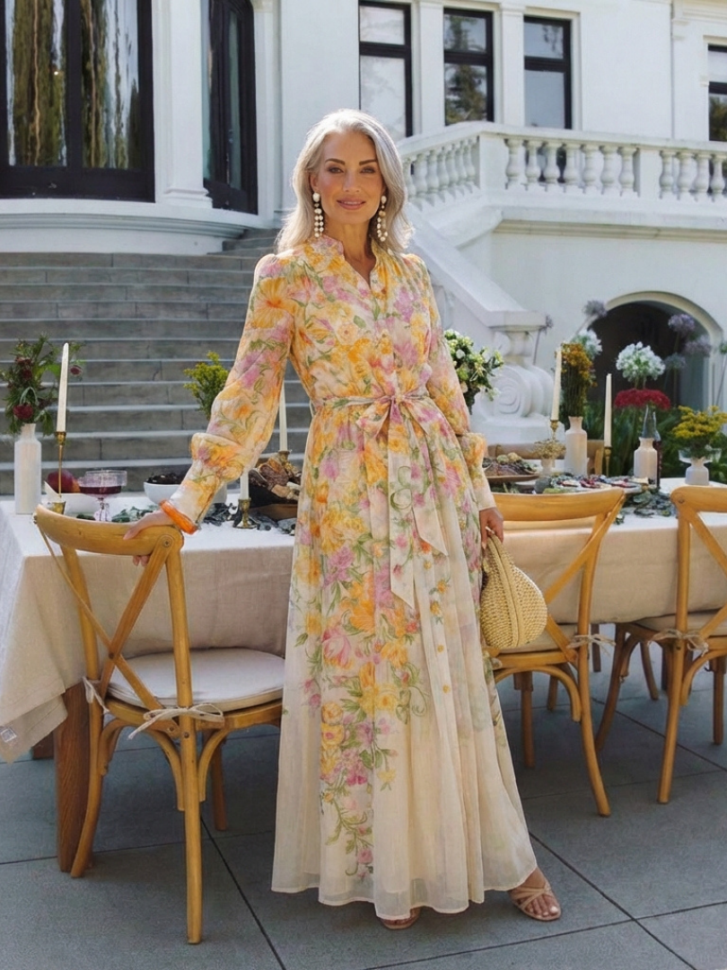Cressida | Long-sleeved maxi dress in lightweight floral fabric - Eliza-Warszawa