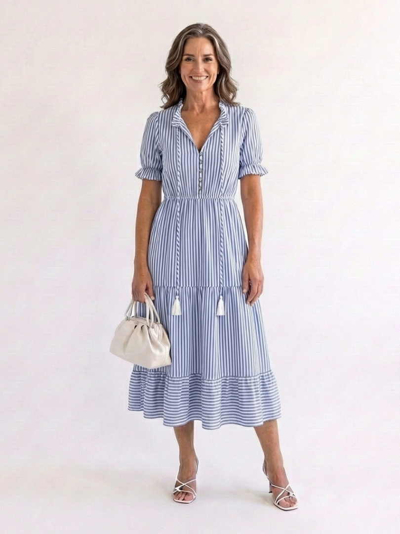 Dakota - Short Sleeve Striped Tiered Midi Dress - Eliza-Warszawa