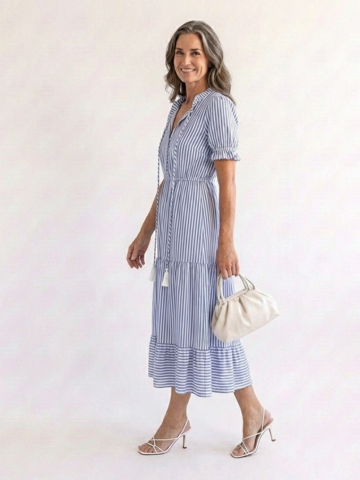 Dakota - Short Sleeve Striped Tiered Midi Dress - Eliza-Warszawa