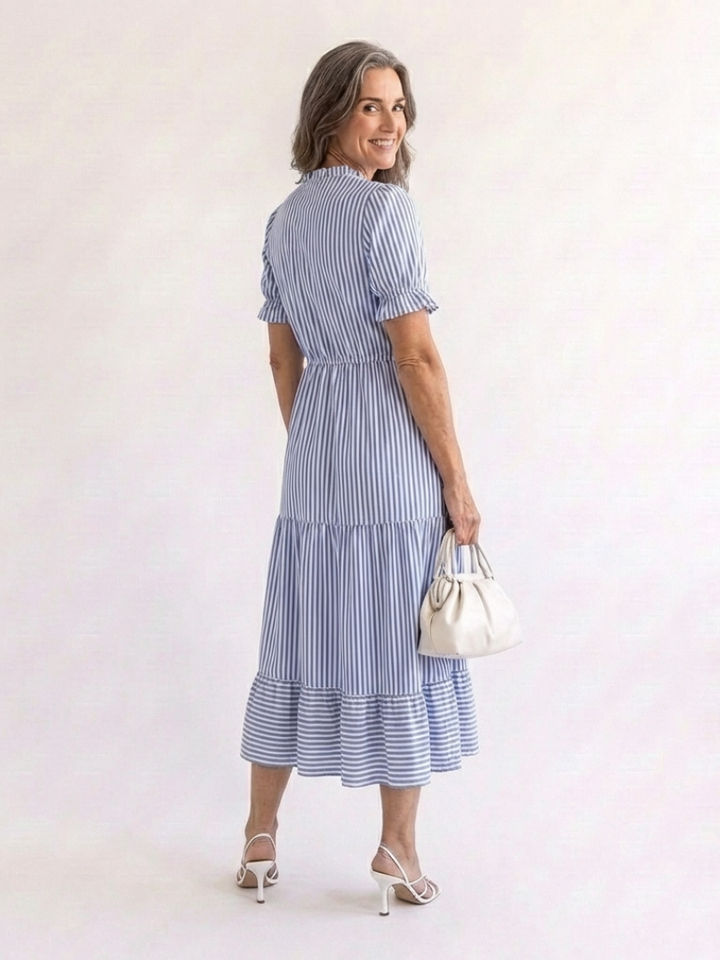 Dakota - Short Sleeve Striped Tiered Midi Dress - Eliza-Warszawa