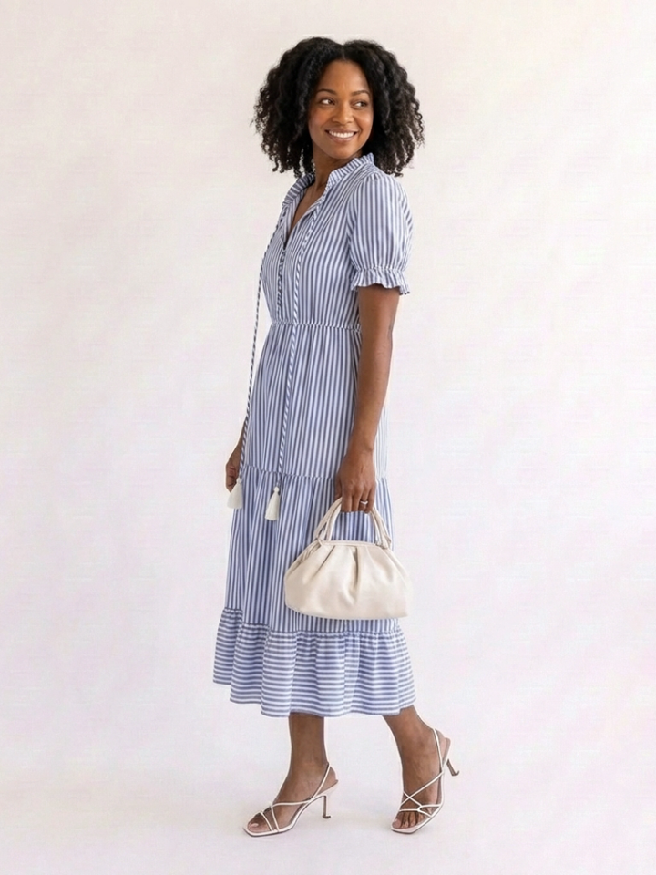 Dakota - Short Sleeve Striped Tiered Midi Dress - Eliza-Warszawa