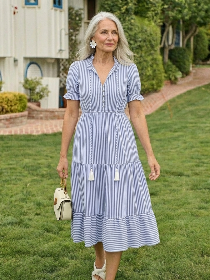 Dakota - Short Sleeve Striped Tiered Midi Dress - Eliza-Warszawa