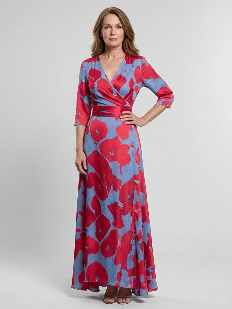 Danielle | Floral Maxi Dress with Three-Quarter Sleeves and V-Neck - Eliza-Warszawa