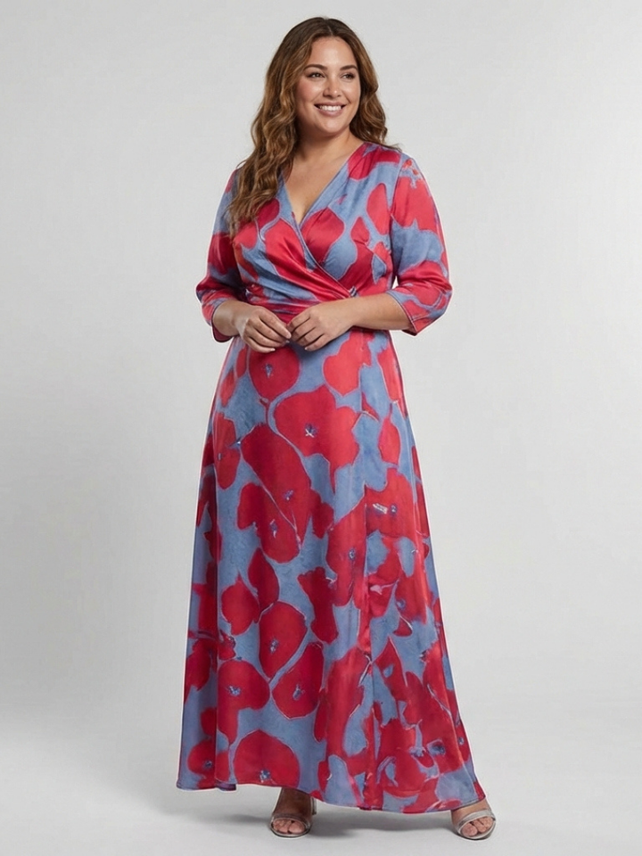 Danielle | Floral Maxi Dress with Three-Quarter Sleeves and V-Neck - Eliza-Warszawa