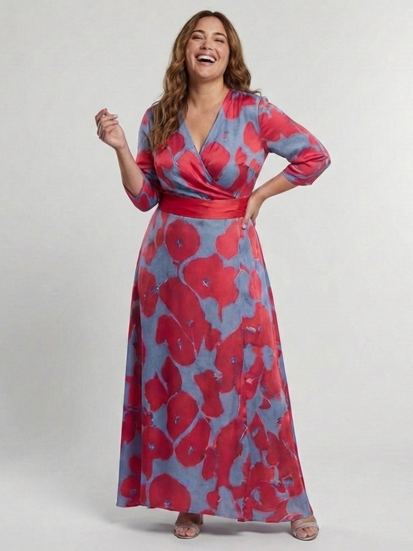 Danielle | Floral Maxi Dress with Three-Quarter Sleeves and V-Neck - Eliza-Warszawa