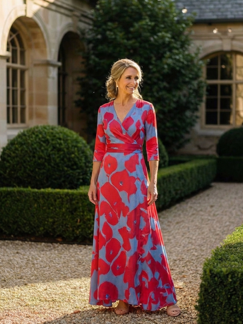 Danielle | Floral Maxi Dress with Three-Quarter Sleeves and V-Neck - Eliza-Warszawa
