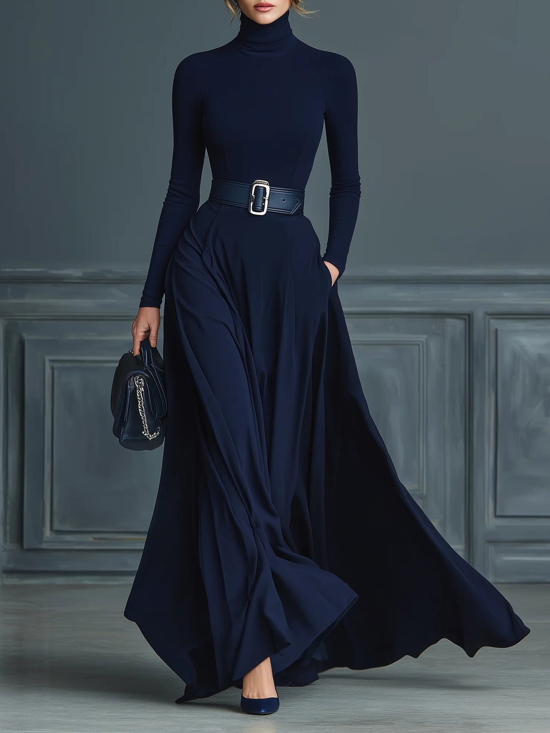 Dark Blue Knitted High-neck Dress - Eliza-Warszawa