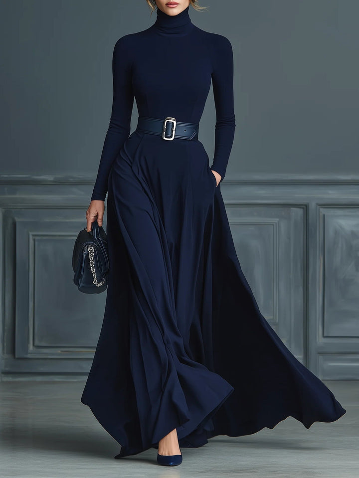 Dark Blue Knitted High-neck Dress - Eliza-Warszawa