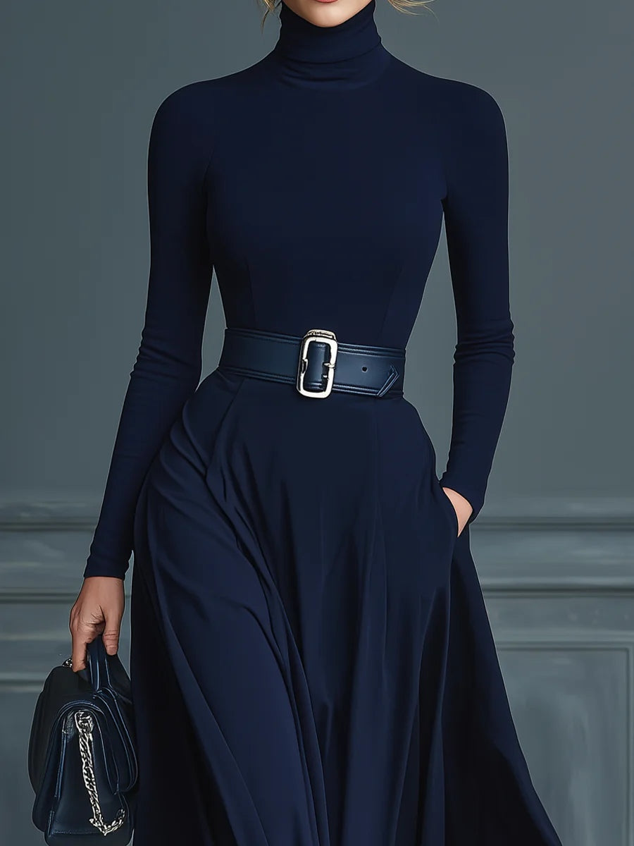 Dark Blue Knitted High-neck Dress - Eliza-Warszawa