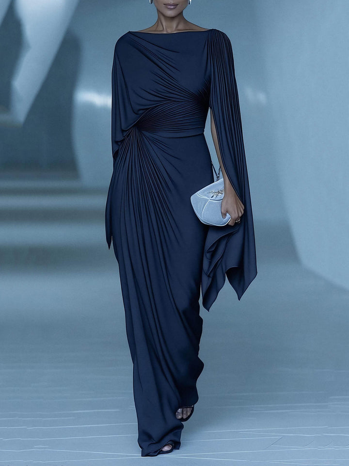 Dark Blue Pleated Cape Draped Maxi Dress - Eliza-Warszawa