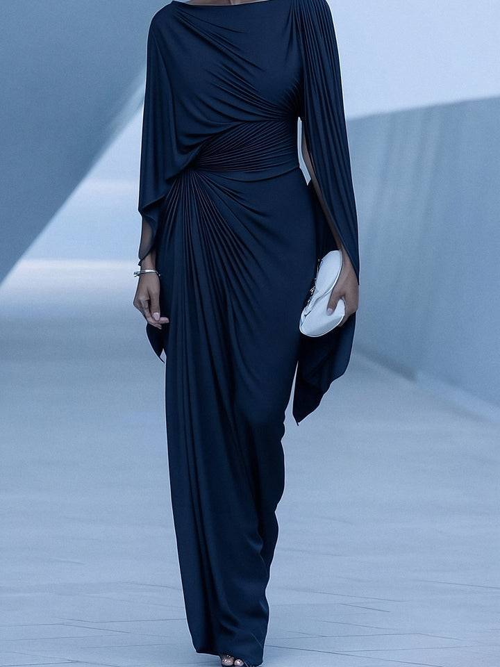Dark Blue Pleated Cape Draped Maxi Dress - Eliza-Warszawa