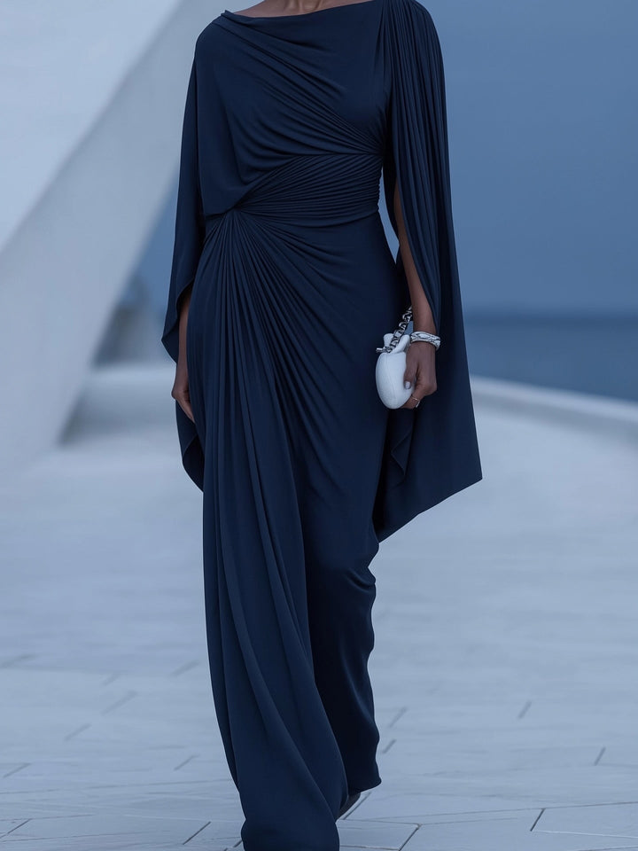 Dark Blue Pleated Cape Draped Maxi Dress - Eliza-Warszawa