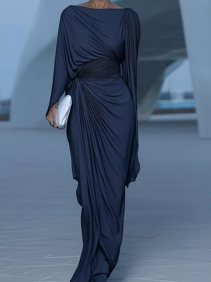 Dark Blue Pleated Cape Draped Maxi Dress - Eliza-Warszawa