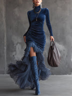 Dark Blue Velvet Pleated Ruffled Maxi Dress - Eliza-Warszawa