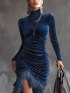 Dark Blue Velvet Pleated Ruffled Maxi Dress - Eliza-Warszawa