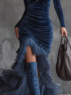 Dark Blue Velvet Pleated Ruffled Maxi Dress - Eliza-Warszawa