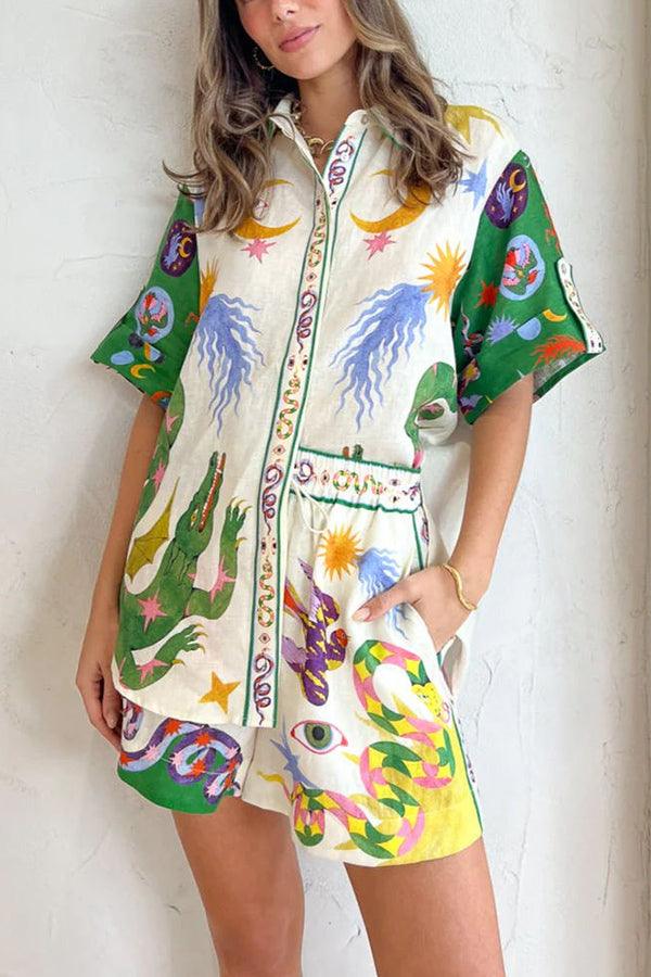 Days of Heaven Linen Blend Unique Print Blouse and Elastic Waist Pocketed Shorts Set - Eliza-Warszawa